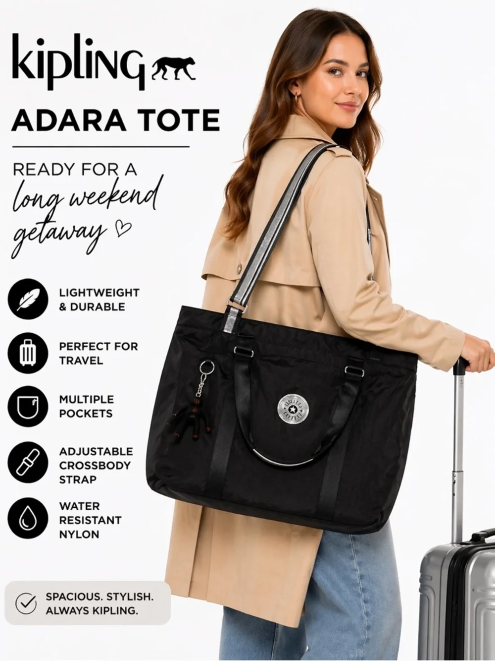 FINAL PRICE! Kipling Adara Tote Black Silver Large Nylon Travel Work Bag NWT